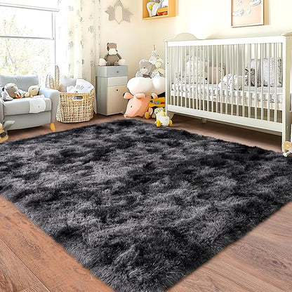 Tie-Dyed Black Grey Shaggy Rugs Fluffy Carpets, Indoor Modern Plush Area Rugs for Living Room, Upgrade Anti-Skid Area Rug, 10x14 Feet Fuzzy Rug for Nursery Home Decor