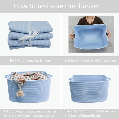 XUANGUO Large Cotton Rope Storage Basket for Blankets, 22" x 17" x 12" Rectangle Woven Basket Bin for Living Room, Nursery, Kids & Dog Toys, Laundry basket for Clothes & Towels, Blue