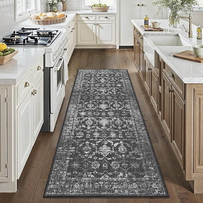 3x7 Black Runner Rug Hallway Washable Area Rugs Kitchen Vintage Boho Non Slip Long Rug Floral Carpet Indoor Retro Soft Low Pile Throw Rug for Bedroom Bathroom Laundry Dining Living Room Office