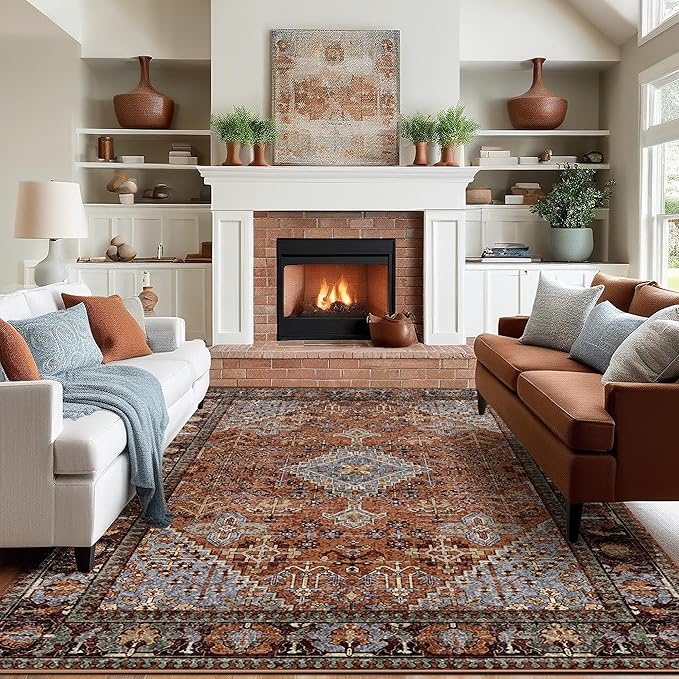 Kokia 5x7 Area Rugs for Living Room, Machine Washable Low Pile Rug, Non Slip Backing Boho Rugs for Bedroom, Printed Soft Vintage Carpet Sienna Brown 5 x 7