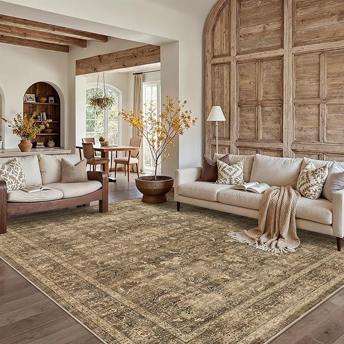 9x12 Brown Washable Area Rugs for Living Room Non Slip Low Pile Vintage Boho Throw Rug Soft Retro Distressed Floral Large Carpet Indoor Farmhouse Decor for Bedroom Dining Room Office Kitchen Playroom