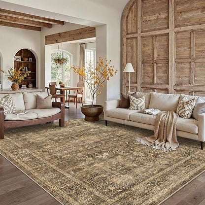 8x10 Brown Washable Area Rugs for Living Room Non Slip Low Pile Vintage Boho Throw Rug Soft Retro Distressed Floral Large Carpet Indoor Farmhouse Decor for Bedroom Dining Room Office Kitchen Playroom