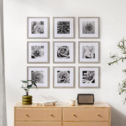 eletecpro 12x12 Picture Frames Set of 9 with Mat for 8x8 Photos or without Mat for 12x12, Square Gallery Wall Decor Collage for Picture Display, Grey Frame Set for Wall Hanging