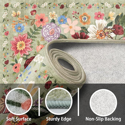 Washable Area Rug 8x10 Green, Large Soft Floral Rug for Living Room Bedroom Dining Room Non-Slip Stain Resistant Under Table Rug