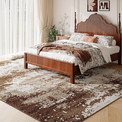 Brown Washable Rug 6x9 Area Rugs for Living Room Bedroom Carpet, Indoor Vintage Abstract Boho Large Rug Non Slip Faux Wool Rugs for Dorm, Dining Room Table, Nursery, Kids Playroom, Coffee