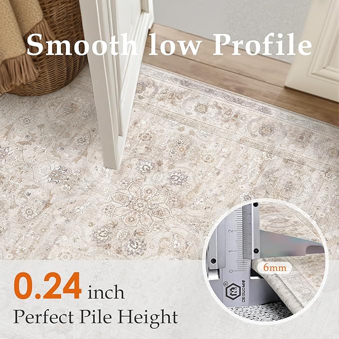 PureCozy 3x5 Area Rug Entryway Beige Washable Vintage Carpet Office Small Indoor Non Slip Soft Low Pile Thin Stain Resistant Distressed Accent Throw Rug for Entrance Bedroom Dining Living Room