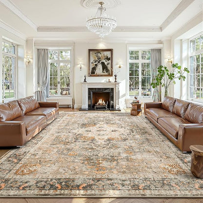 YOH Boho Washable Rug 9x12, Terracotta Vintage Non Slip Area Rug, Distressed Indoor Carpet for Living Room Bedroom Kitchen Office