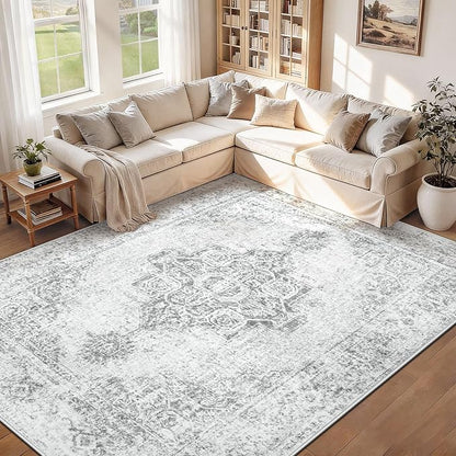 8x10 Area Rugs for Living Room, Washable Vintage Boho Medallion Rug Non Slip Low Pile Floor Carpet for Bedroom Dining Room Home Office (Grey, 8'x10')