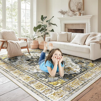 BESTSWEETIE 5x7 Area Rug Washable Rugs for Living Room, No Pile Boho Carpet for Entryway Bedroom Dinning Room, Vintage Carpet Print Distressed Non-Slip, 5 x 7 ft, Grey Brown