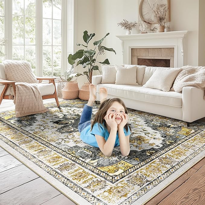 BESTSWEETIE 9x12 Area Rug Washable Rugs for Living Room, No Pile Boho Carpet for Entryway Bedroom Dinning Room, Vintage Carpet Print Distressed Non-Slip, 9 x 12 ft, Grey Brown