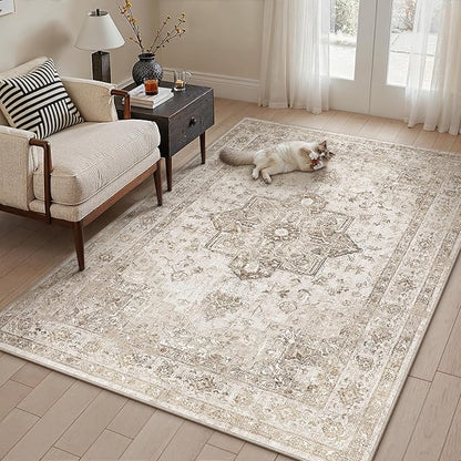 PureCozy Taupe Area Rug 3x4 Washable Vintage Carpet for Office Kitchen Non Slip Retro Distressed Door Mat Low Pile Soft Oriental Medallion Thin Small Throw Rug Entryway Bedroom Bathroom Dining Room