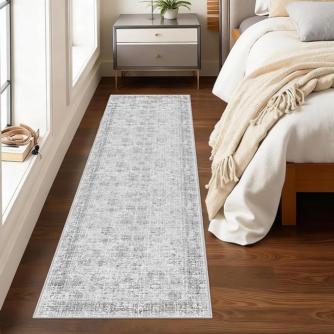 Grey Runner Rugs for Hallway: Abstract Washable Runner Rug 2x6 for Entryway Kitchen Bedroom Bathroom - Modern Cozy Home Decor Long Carpet Mat Stain-Resistant - Light Grey