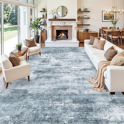 Extra Large Living Room Rug 12x18ft Washable Modern Abstract Neutral Oversize Rug for Bedroom, Dining Room, Family Room Non-Slip Low-Pile Thin Stain-Resistant Carpet (Misty Blue Gray)