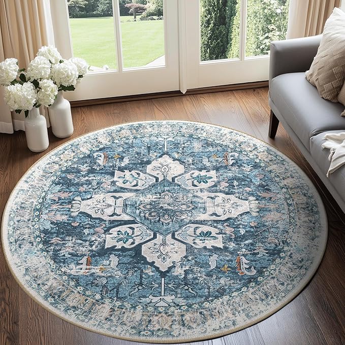 BESTSWEETIE 8ft Area Rug Washable Rugs for Living Room, No Pile Boho Carpet for Entryway Bedroom Dinning Room, Vintage Carpet Print Distressed Non-Slip, 96" Round, Blue Navy
