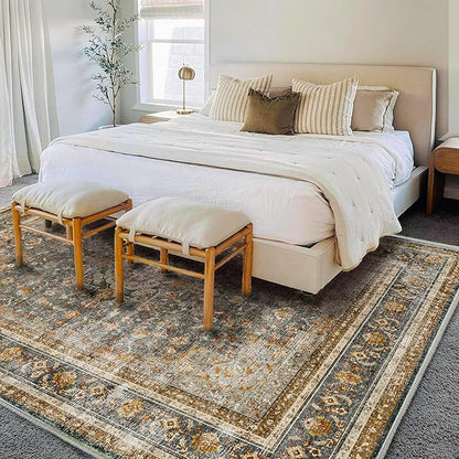 CHAMPLANT Washable Area Rug 9'x12' Retro Boho Design Non-Shedding Easy Care Ideal for High Traffic Areas in Living Room Bedroom Office Coffee Table Kitchen Large Carpet