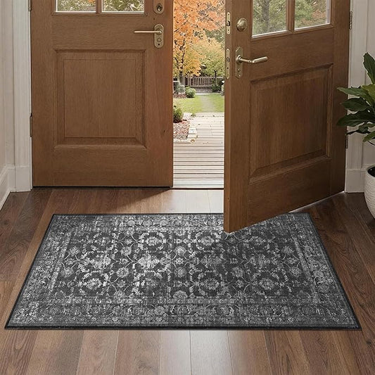 2x4 Black Runner Rug Hallway Washable Area Rugs Kitchen Vintage Boho Non Slip Long Rug Floral Carpet Indoor Retro Soft Low Pile Throw Rug for Bedroom Bathroom Laundry Dining Living Room Office