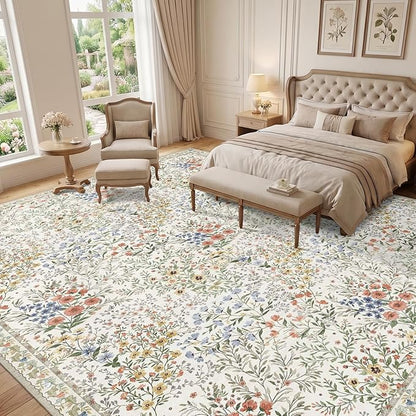 12x12 Square Area Rug Living Room: Boho Floral Washable Mat for Dining Room Bedroom Office High Traffic Area Soft Non Slip Low Pile Indoor Carpet for Vintage Farmhouse Home Decor (12ft Square, Beige)