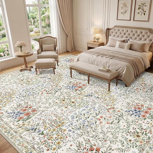 12x12 Square Area Rug Living Room: Boho Floral Washable Mat for Dining Room Bedroom Office High Traffic Area Soft Non Slip Low Pile Indoor Carpet for Vintage Farmhouse Home Decor (12ft Square, Beige)