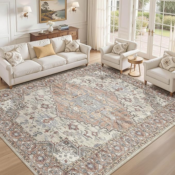 9x12 Washable Area Rugs for Living Room: Non Slip Vintage Brick Red Rug, Large Soft Stain Resistant Indoor Floor Carpets for Bedroom Dining Room Nursery Home Office Kid & Pet Friendly