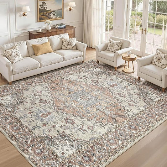 9x12 Washable Area Rugs for Living Room: Non Slip Vintage Brick Red Rug, Large Soft Stain Resistant Indoor Floor Carpets for Bedroom Dining Room Nursery Home Office Kid & Pet Friendly