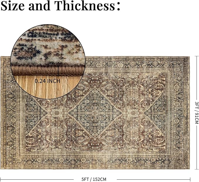 Brown 3x5 Rug Non-Slip: Washable Area Rug for Bedroom Entryway Kitchen Bathroom Indoor - Vintage Home Decor Mat Carpet - Oriental Dark Brown