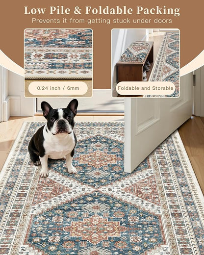 Madane Hallway Runner 3x8, Kitchen Rugs Washable Entryway Rug Vintage Kitchen Runners Non Slip Indoor Area Rug Farmhouse Carpet Runner for Bathroom Living Room Bedroom (3 X 8, Navy Blue)