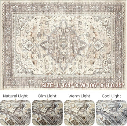 9x12 Area Rug Living Room: Washable Boho Large Neutral Vintage Soft Rugs Stain Resistant Farmhouse Non Slip Indoor Floor Carpet for Bedroom Nursery Kids Playroom Office Dining Room Home Decor- Brown