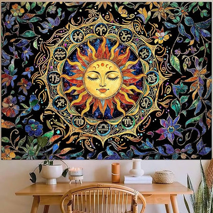 Neasow Mystic Hippie Sun Tapestry, Twelve Constellation Aesthetic Astrology Wall Art, Boho Stained Glass Floral for Living Room Bedroom Home Decor, 60x80 inches