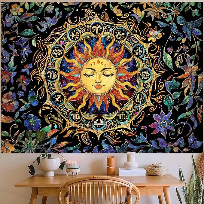 Neasow Mystic Hippie Sun Tapestry, Twelve Constellation Aesthetic Astrology Wall Art, Boho Stained Glass Floral for Living Room Bedroom Home Decor, 44x60 inches