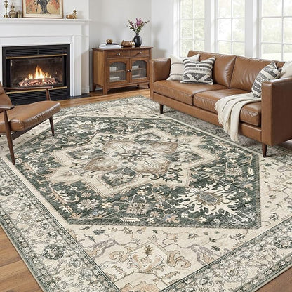 9x12 Area Rugs for Living Room - Large Carpet Ultra Thin Soft Washable Oriental Vintage Floral Distressed Rug Big Indoor Carpets for Bedroom Nursery Dorm Home Decor Aesthetic - Vintage Green