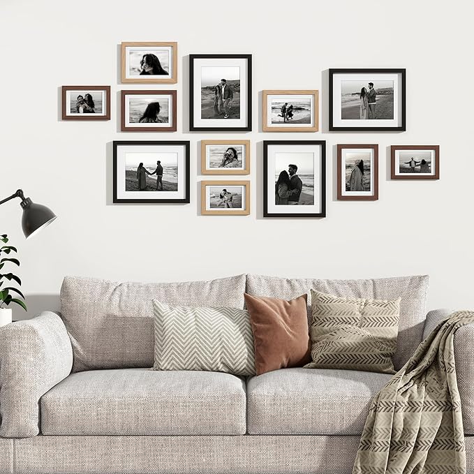 Venusmiles 12 Pack Picture Frames Collage Wall Decor, Gallery Frame Set for Wall Mounting or Tabletop Display, Multi Sizes Including 4pcs 8x10, 4pcs 5x7, 4pcs 4x6, Black+Oak+Walnut