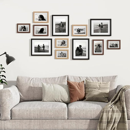 Venusmiles 12 Pack Picture Frames Collage Wall Decor, Gallery Frame Set for Wall Mounting or Tabletop Display, Multi Sizes Including 4pcs 8x10, 4pcs 5x7, 4pcs 4x6, Black+Oak+Walnut