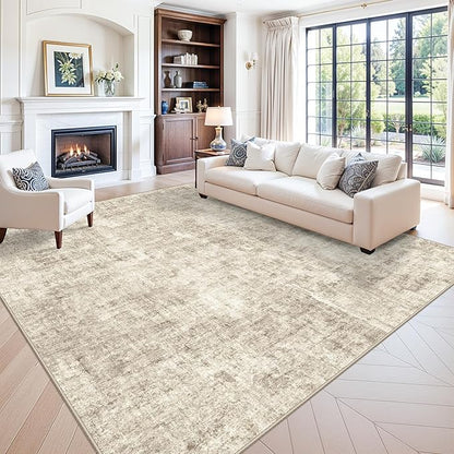 12x12ft Square Living Room Rug – Non-Slip Washable Extra Large Floor Carpet for Bedroom, Dining Room, Playroom Room – Modern Abstract Neutral Thin Low-Pile Big Indoor Rug (Warm Beige)