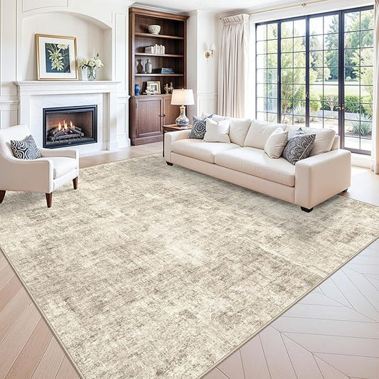 12x12ft Square Living Room Rug – Non-Slip Washable Extra Large Floor Carpet for Bedroom, Dining Room, Playroom Room – Modern Abstract Neutral Thin Low-Pile Big Indoor Rug (Warm Beige)