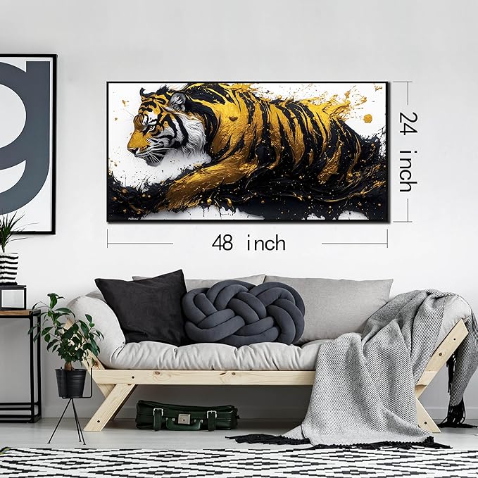 Tiger Painting Wall Art for Living Room - Animal Canvas Wall Art for Office - Black Framed Wall Art for Bedroom Size 24" x 48"