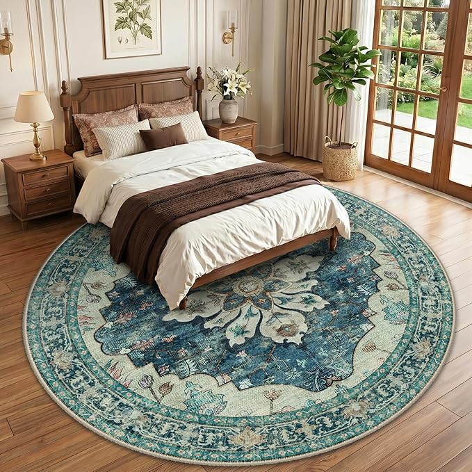 RELEANY Area Rugs Round 10ft Washable Non-Slip, Floral Vintage Distress Print Pattern Medallion Carpet for Living Room Bedroom Dining Room, Dark Blue Vintage