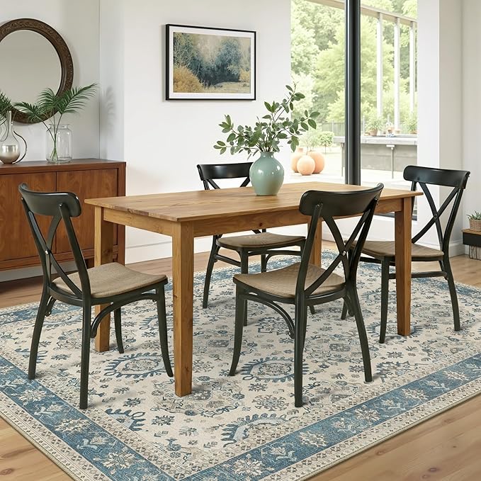 5x7 Area Rug Machine Washable Boho Rug for Living Room,Ultra-Thin Low Pile Carpet,Lightweight Indoor Printed Rug,Non Slip Floral Area Rug for Bedroom, Dining Room, Home Office,Blue