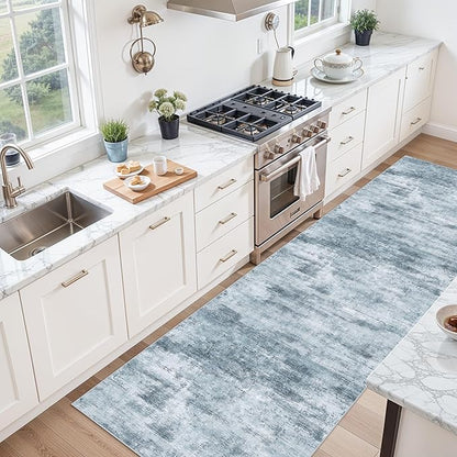 3x10 Ft Long Wide Hallway Runner Rug – Non-Slip Washable Wide Kitchen Runner, Low-Pile Thin Modern Abstract Floor Rug for Indoor Entryway, Bedroom, Living Room (Blue Grey)