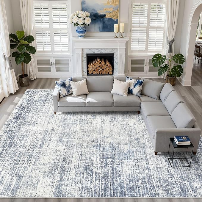 10x13 Area Rug Living Room: Washable Large Neutral Blue Rug Abstract Soft Modern Stain Resistant Indoor Floor Non-Slip Carpet for Bedroom Nursery Kids Office Playroom Dining Room Under Table Home