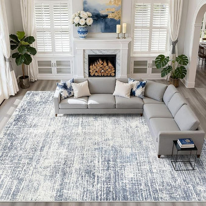 12x18 Rug for Living Room: Washable Large Neutral Blue Area Rug Abstract Soft Modern Stain Resistant Indoor Floor Non-Slip Carpet for Bedroom Nursery Kids Office Playroom Dining Room Under Table Home