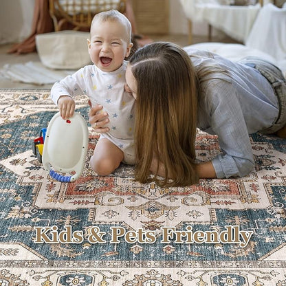 Area Rug 7x9 Washable Vintage - Soft Traditional Rugs for Living Room Large Non Slip Backing with Low Pile Farmhouse Oriental Retro Carpet for Bedroom Dining Room or Home Office - Blue