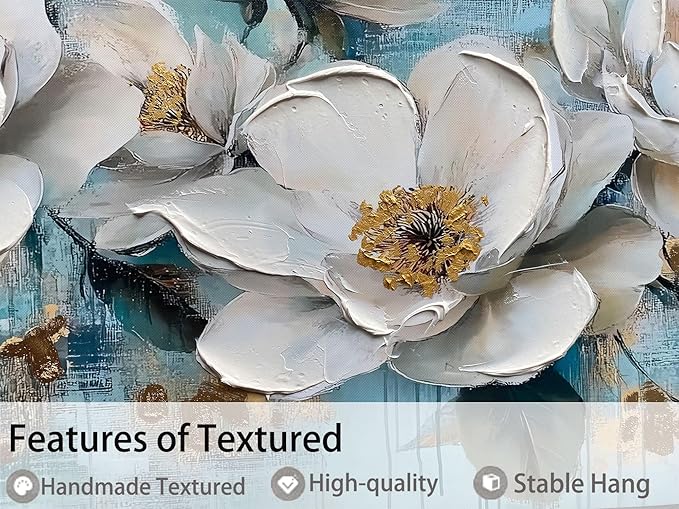 Ardemy Flower Wall Art for Living Room White Floral Canvas Art Wall Decor, Magnolia Teal Picture Textured Large Painting Turquoise Framed Artwork Bedroom Dining Room Kitchen Home Office 48"x24"