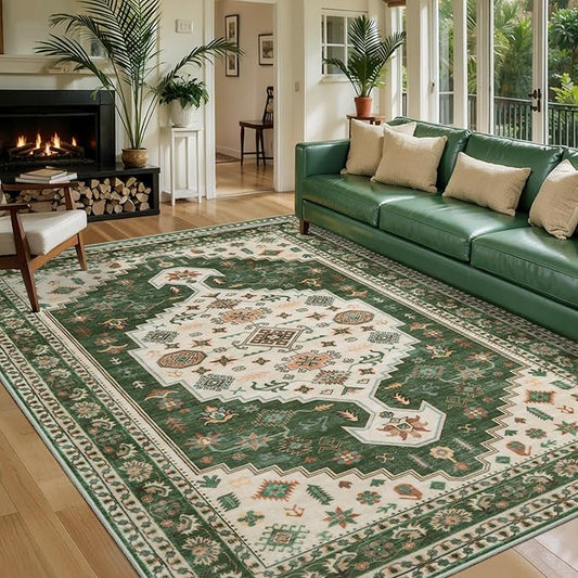 Tangsoo Vintage 4x6 Rug for Living Room,Machine Washable Indoor Area Rug Green Beige Non-Slip Mat,Soft Low Pile Carpet for Front Porch Dining Room Patio Bedroom Office