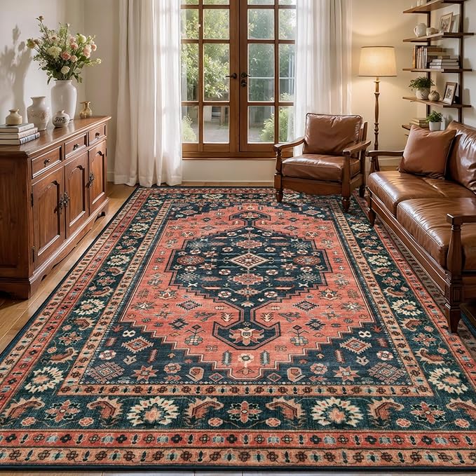 Tangsoo 6x9 Area Rug for Living Room,Oriental Machine Washable Large Rugs,Vintage Non-Slip Rug Soft Low Pile Foldable Floor Rug for Bedroom Dining Room Dorm Office Home Decor Red Blue