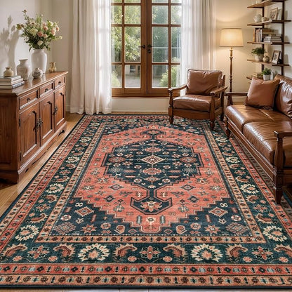 Tangsoo 6x9 Area Rug for Living Room,Oriental Machine Washable Large Rugs,Vintage Non-Slip Rug Soft Low Pile Foldable Floor Rug for Bedroom Dining Room Dorm Office Home Decor Red Blue