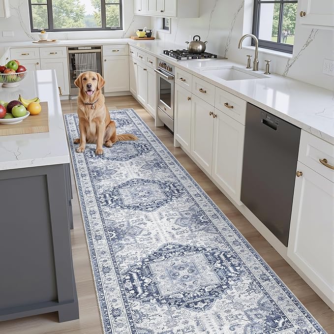 Washable 2.6x12 Runner Rug - Non Slip Long Vintage Hallway Runner Rugs for Kitchen Stain Resistant Indoor Mat Waterproof Carpet for Living Room Entryway Bedroom Laundry Navy/Blue
