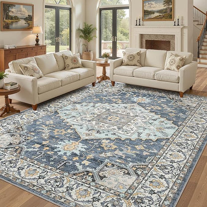 10x14 Washable Area Rugs for Living Room: Non Slip Vintage Blue Yellow Rug, Large Soft Stain Resistant Indoor Floor Carpets for Bedroom Dining Room Nursery Home Office Kid & Pet Friendly