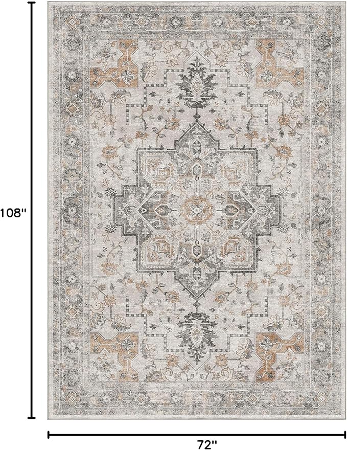 Bavni 6x9 Area Rug Washable Rug for Living Room Bedroom, Washable Vintage Print Carpet, Low Pile Rug with Non Slip Backing, Light Taupe Brown