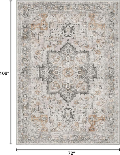 Bavni 6x9 Area Rug Washable Rug for Living Room Bedroom, Washable Vintage Print Carpet, Low Pile Rug with Non Slip Backing, Light Taupe Brown