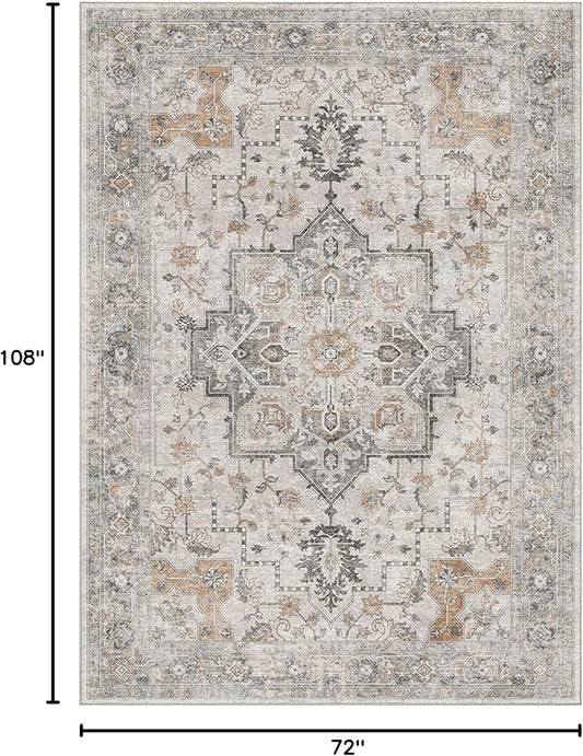 Bavni 6x9 Area Rug Washable Rug for Living Room Bedroom, Washable Vintage Print Carpet, Low Pile Rug with Non Slip Backing, Light Taupe Brown